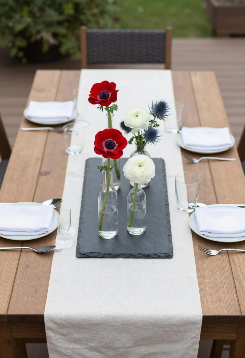 Slate tray of patriotic bud vases on a cream linen runner over a teak outdoor dining table