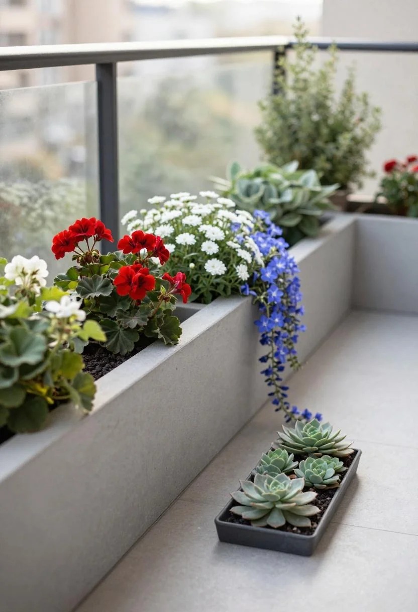 Concrete railing planter with red, white, and blue blooms on a modern balcony alongside sage succulent tray