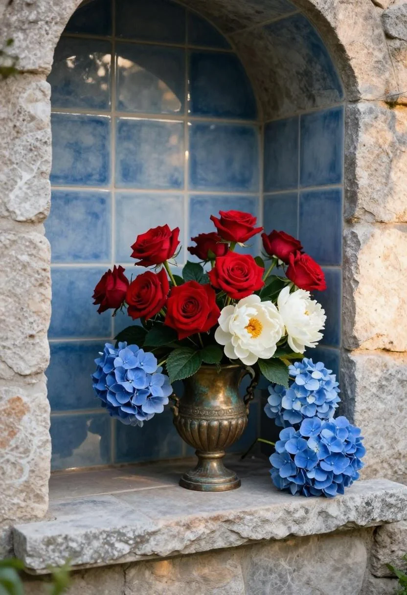 Bronze urn of roses, peonies, and hydrangea nestled in a cool blue-tiled stone wall niche