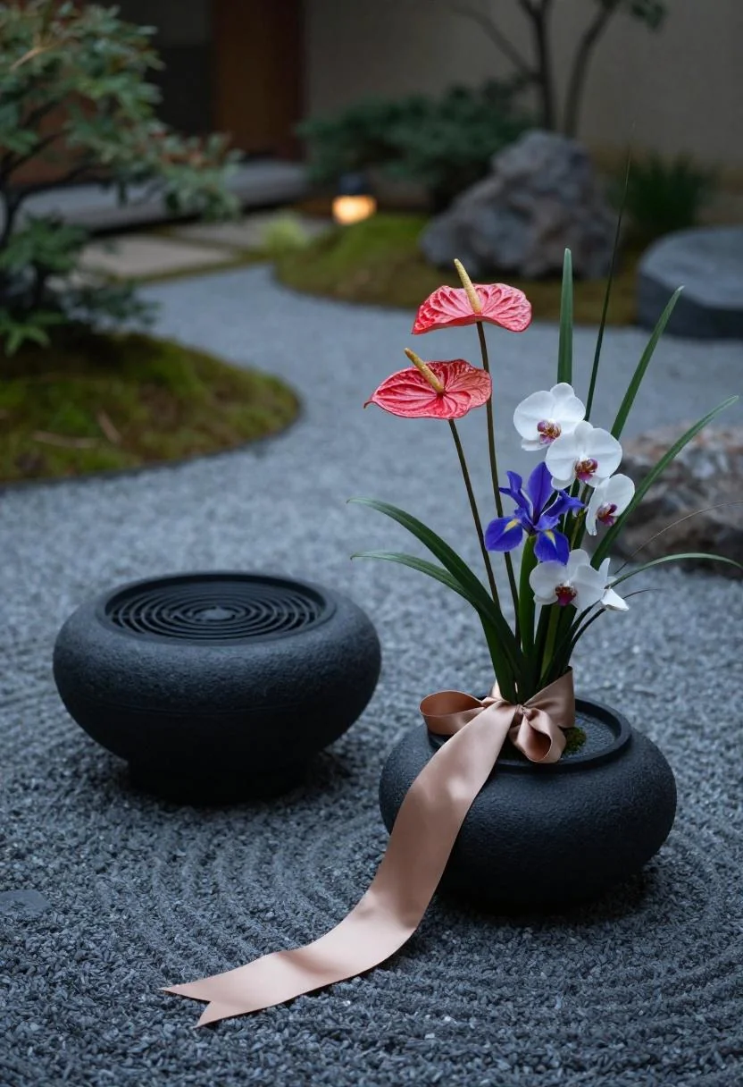 Basalt stone vessel with red, white, and blue florals on a zen garden path with plum silk accent