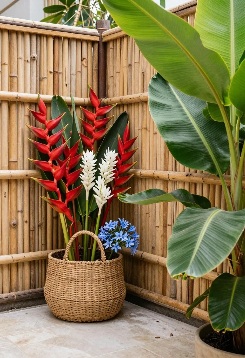 Rattan basket of tropical patriotic blooms against a bamboo fence framed by jade banana leaves
