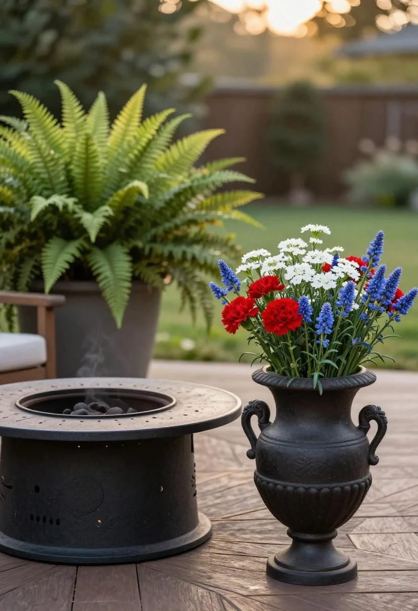 Cast-iron urn with patriotic blooms beside a deck fire pit with wasabi fern backdrop at golden hour