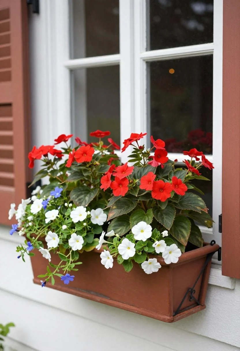 Cedar window box dense with red, white, and blue blooms flanked by persimmon cottage shutters