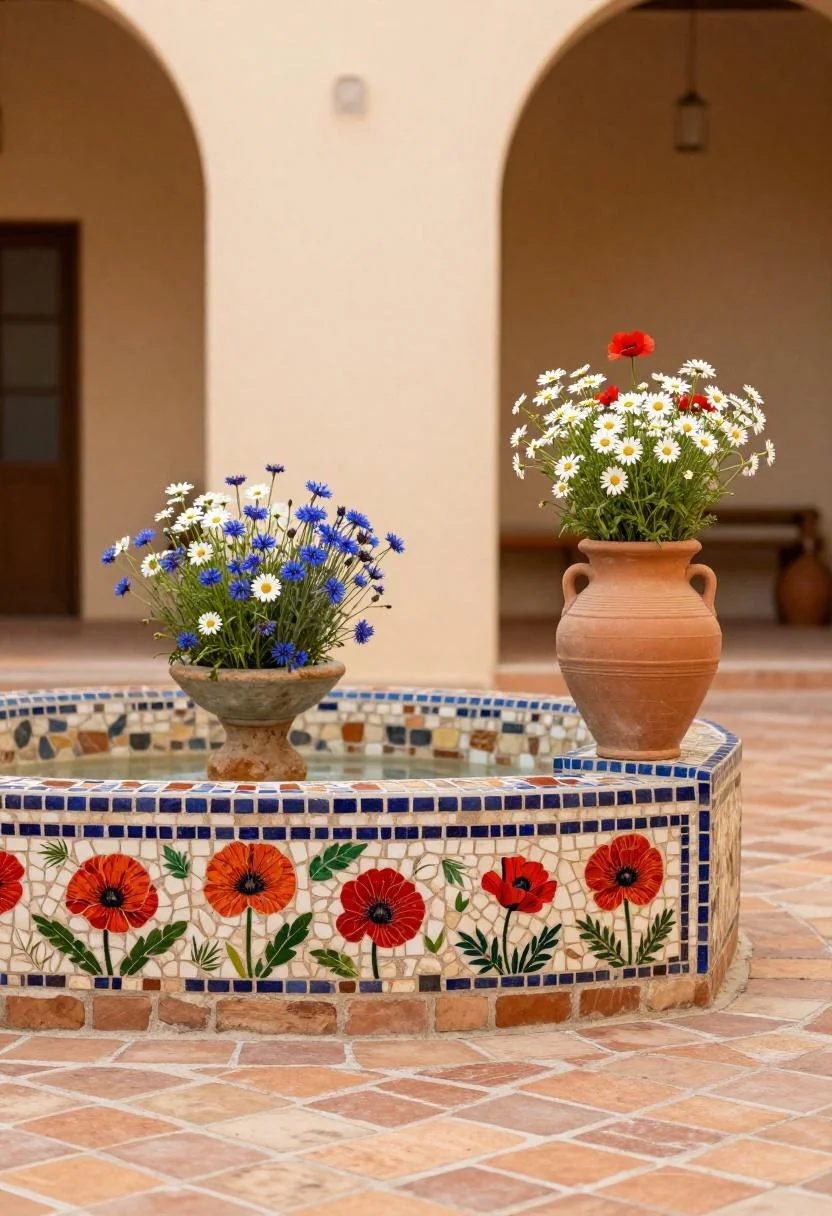Earthenware urn of patriotic wildflowers beside a mosaic fountain on warm terracotta cobblestones