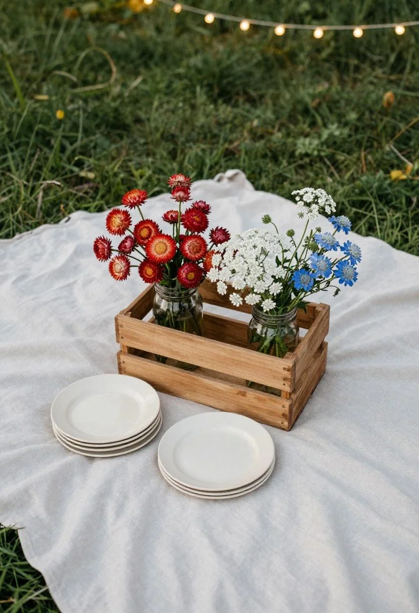 Wooden crate of patriotic mason jar florals on a cream linen picnic blanket at dusk under string lights