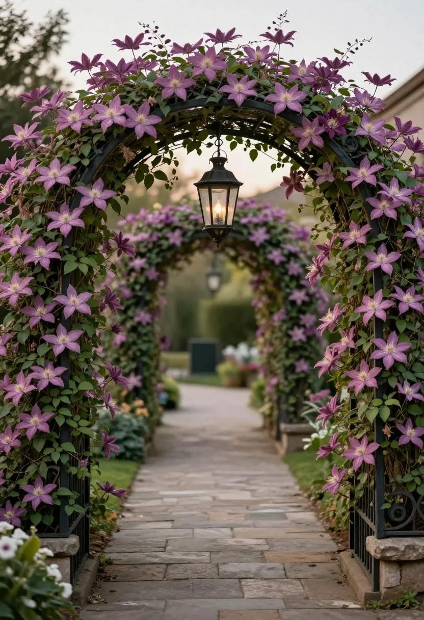Wrought-iron arbor with plum clematis and a hanging lantern marking a garden entrance at dusk