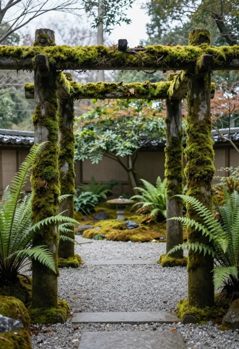 Moss-covered oak arbor with jade ferns and a clear gravel path in a zen garden setting