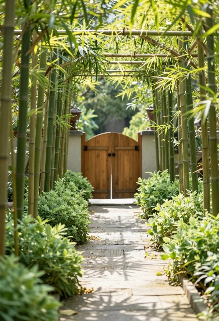 Bamboo arbor with wasabi-green lady's mantle edging the beds beneath, cottage gate open beyond
