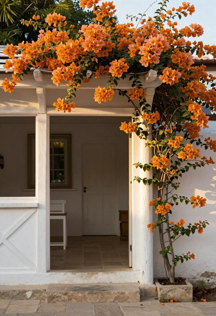 Whitewashed timber arbor with persimmon bougainvillea glowing in golden hour backlight