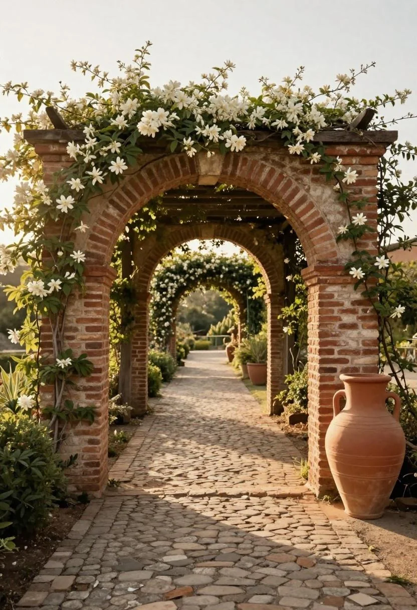 Reclaimed brick arbor with jasmine and a terracotta amphora flanking a Mediterranean garden path