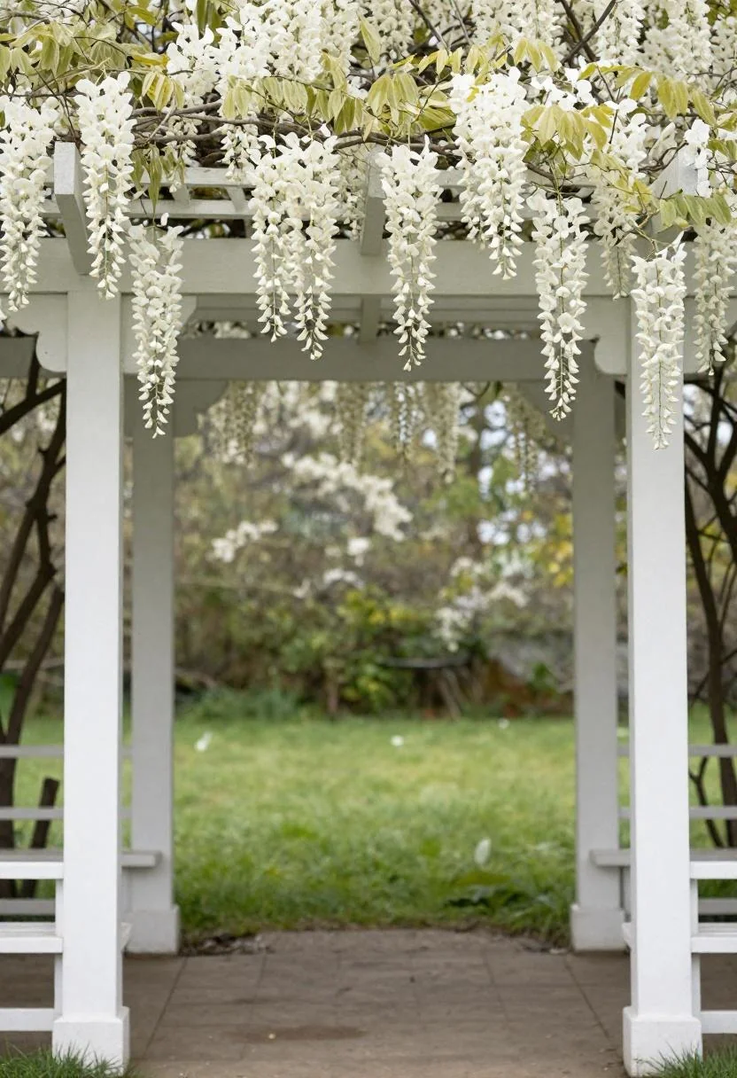 White pine arbor heavy with cream wisteria over a clear grass path in soft overcast light