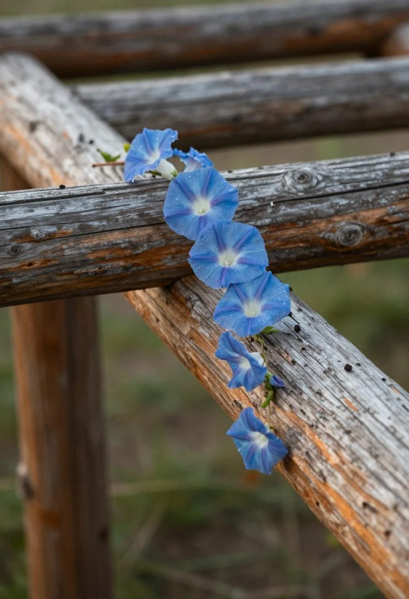 Close-up of teak arbor crossbeams threaded with dewy cool blue morning glories at dawn