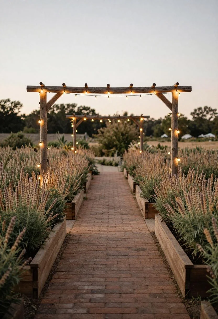 Willow arbor with string lights and plum salvia in raised cedar beds framing a lit garden entrance at dusk