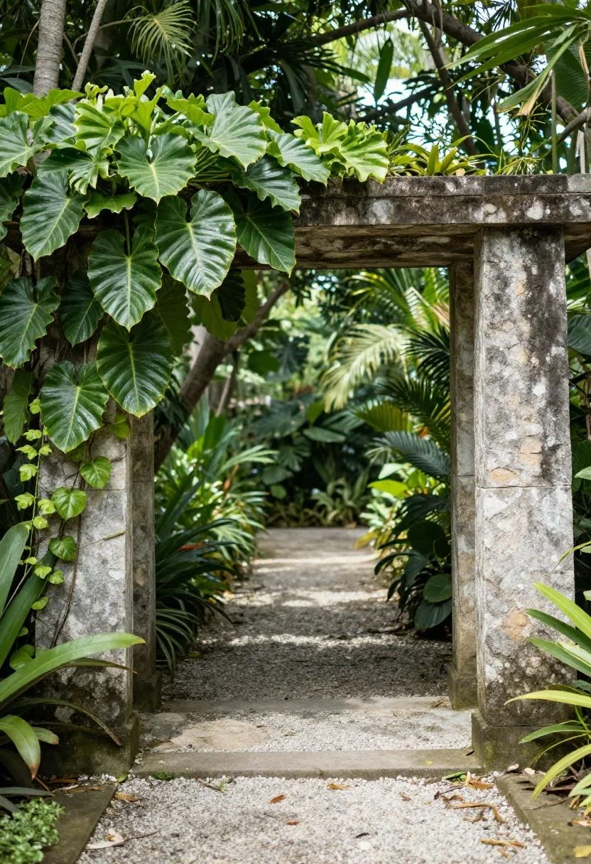 Stone pillar arbor with jade philodendron climbing one side, opening onto a shaded tropical garden path