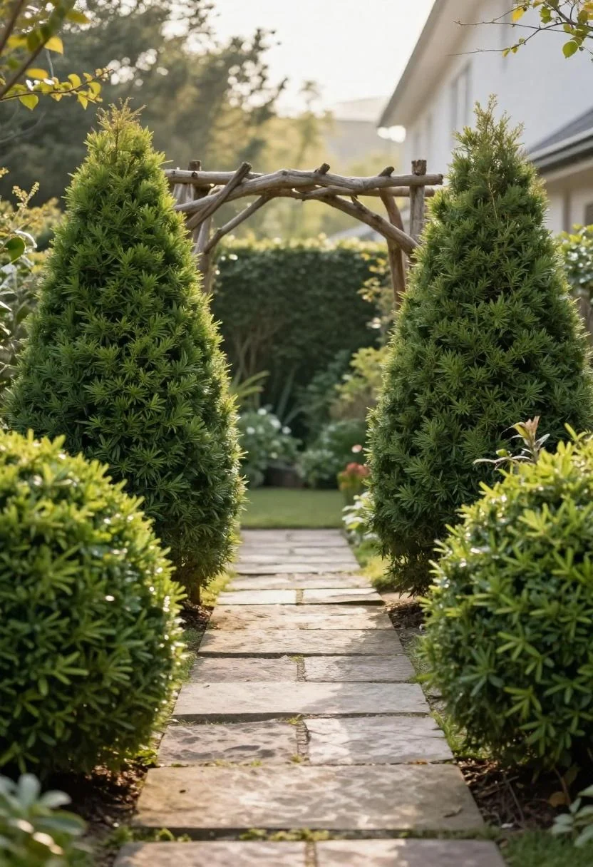 Hazel branch arbor with trimmed wasabi boxwood spheres flanking a flagstone front garden entrance