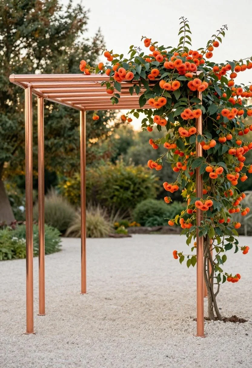 Copper-pipe arbor with persimmon trumpet vine cascading at golden hour over a clear gravel garden path