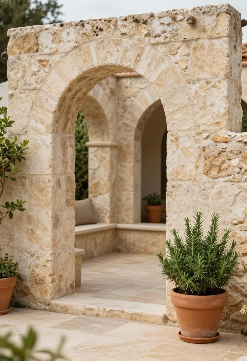 Sandstone arbor with a terracotta rosemary pot at the base, opening onto a clear tiled patio path