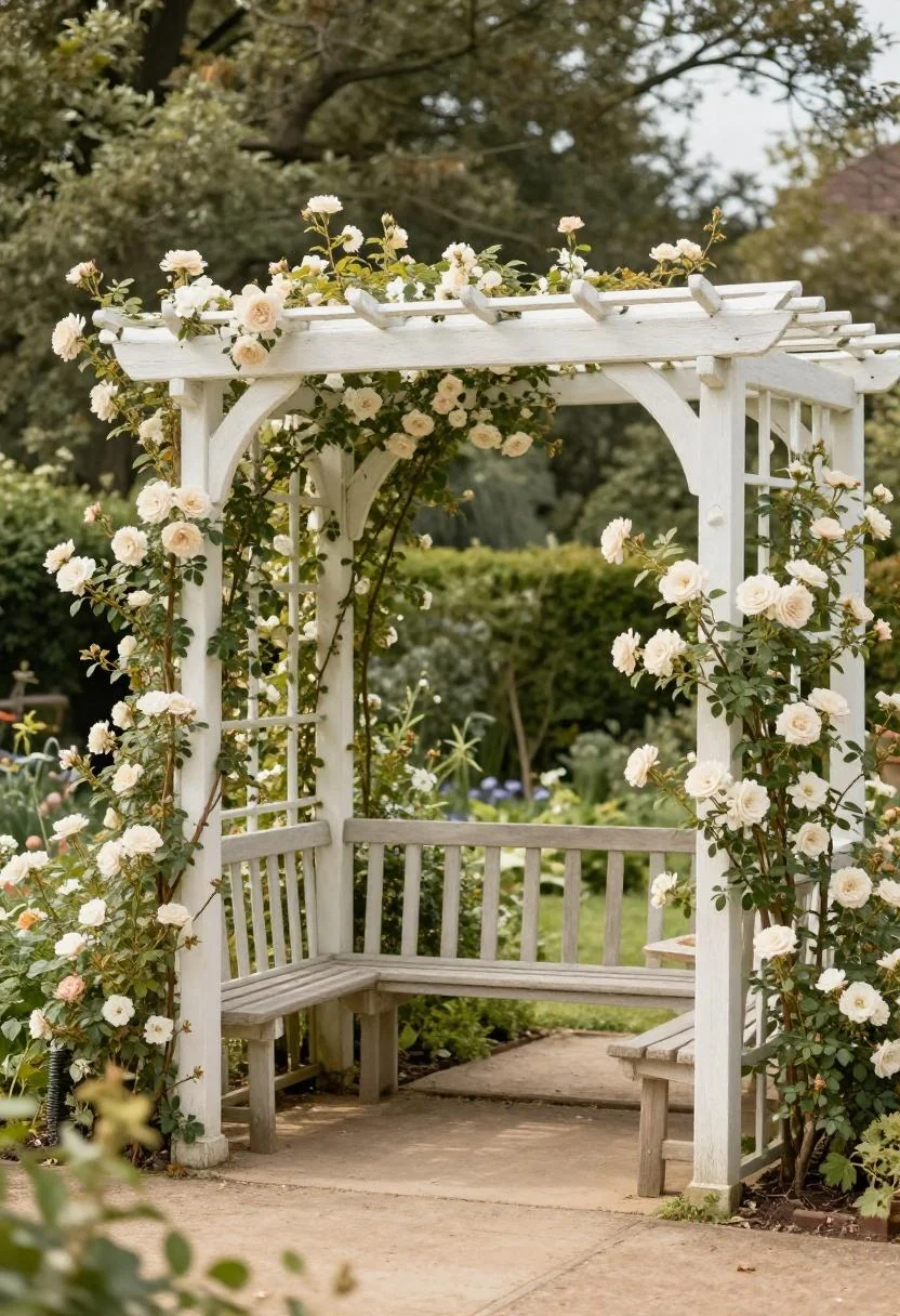 Whitewashed larch arbor with cream Iceberg roses and a bench to the side, path clear through the entrance