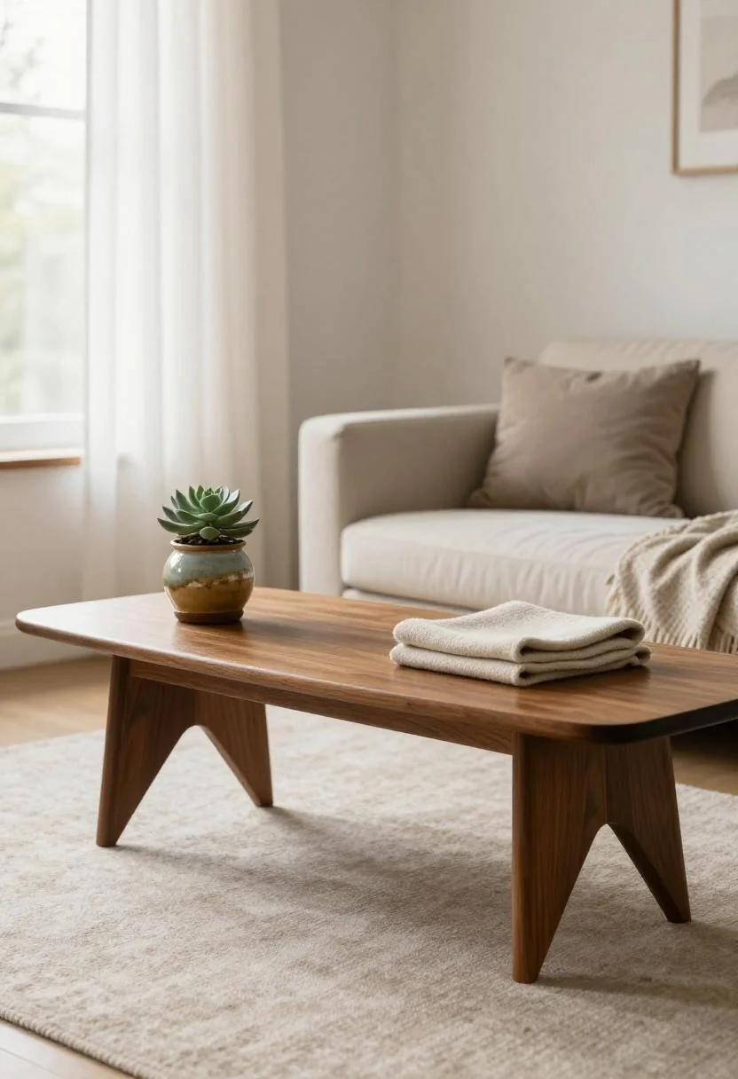 Teak coffee table with wasabi ceramic succulent and folded wool blanket