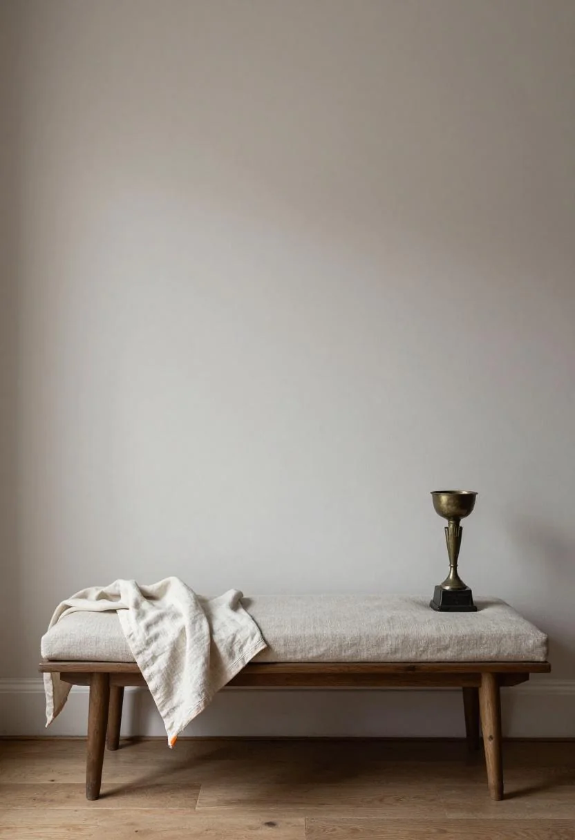 Linen bench with persimmon pennant and bronze trophy for signing day display