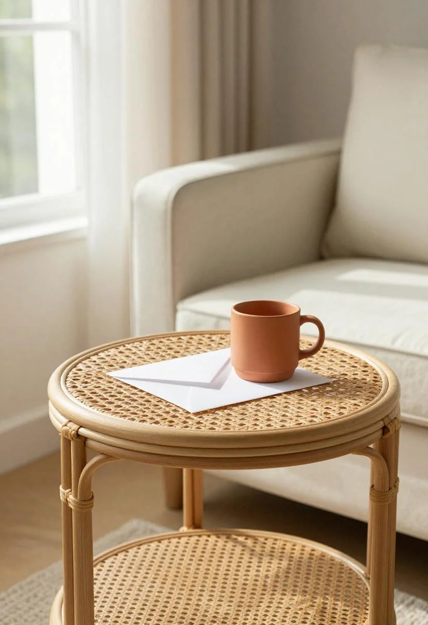 Rattan side table with terracotta mug and signing envelope in morning light