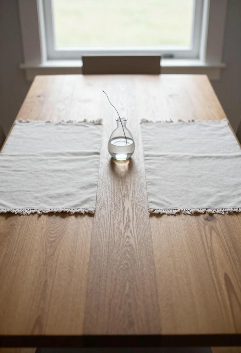 Oak dining table with cream placemats and glass bud vase in diffused daylight