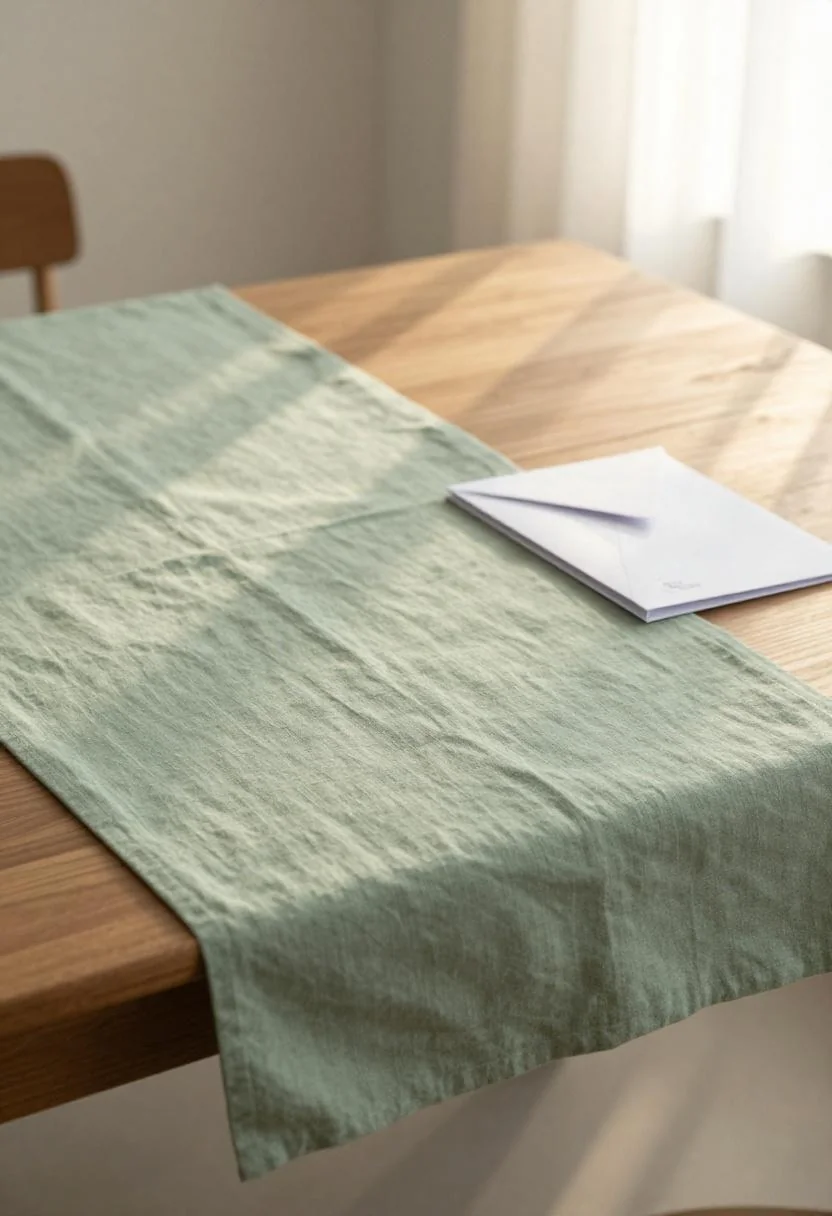 Low walnut japandi table with sage linen runner and signing envelope at golden hour