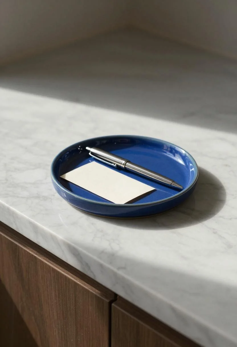 Marble surface overhead view with cool blue ceramic dish, silver pen, and card