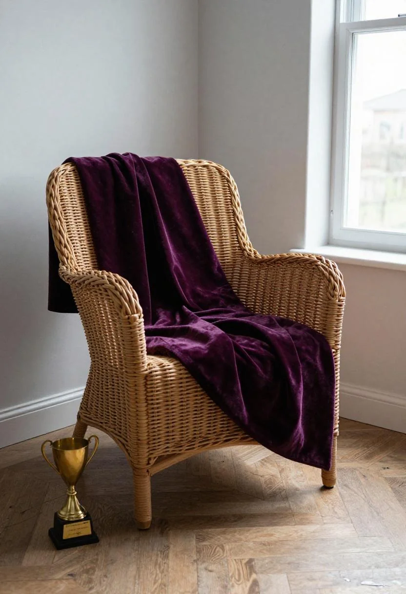 Wicker armchair with plum velvet throw and brass trophy in soft corner light