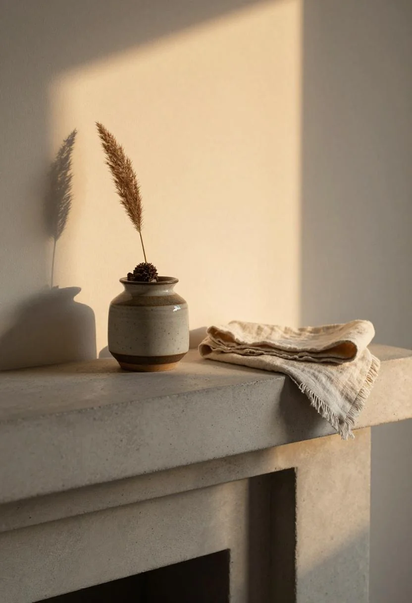 Concrete mantle with wasabi ceramic pot and linen pennant at golden hour