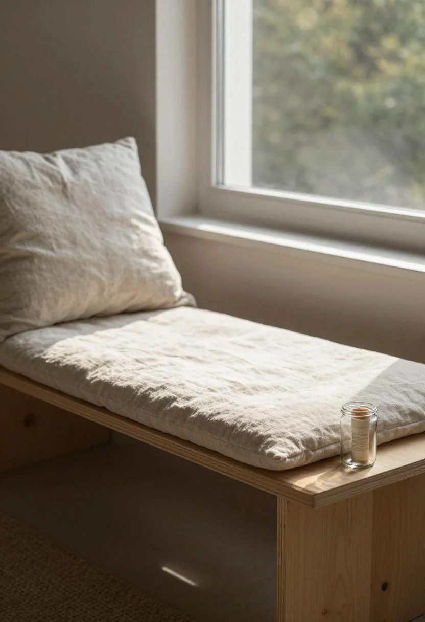 Plywood window seat with persimmon cushion and glass jar holding signing document