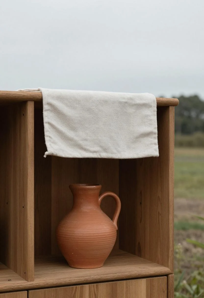 Industrial reading nook shelf with terracotta jug and wool pennant display