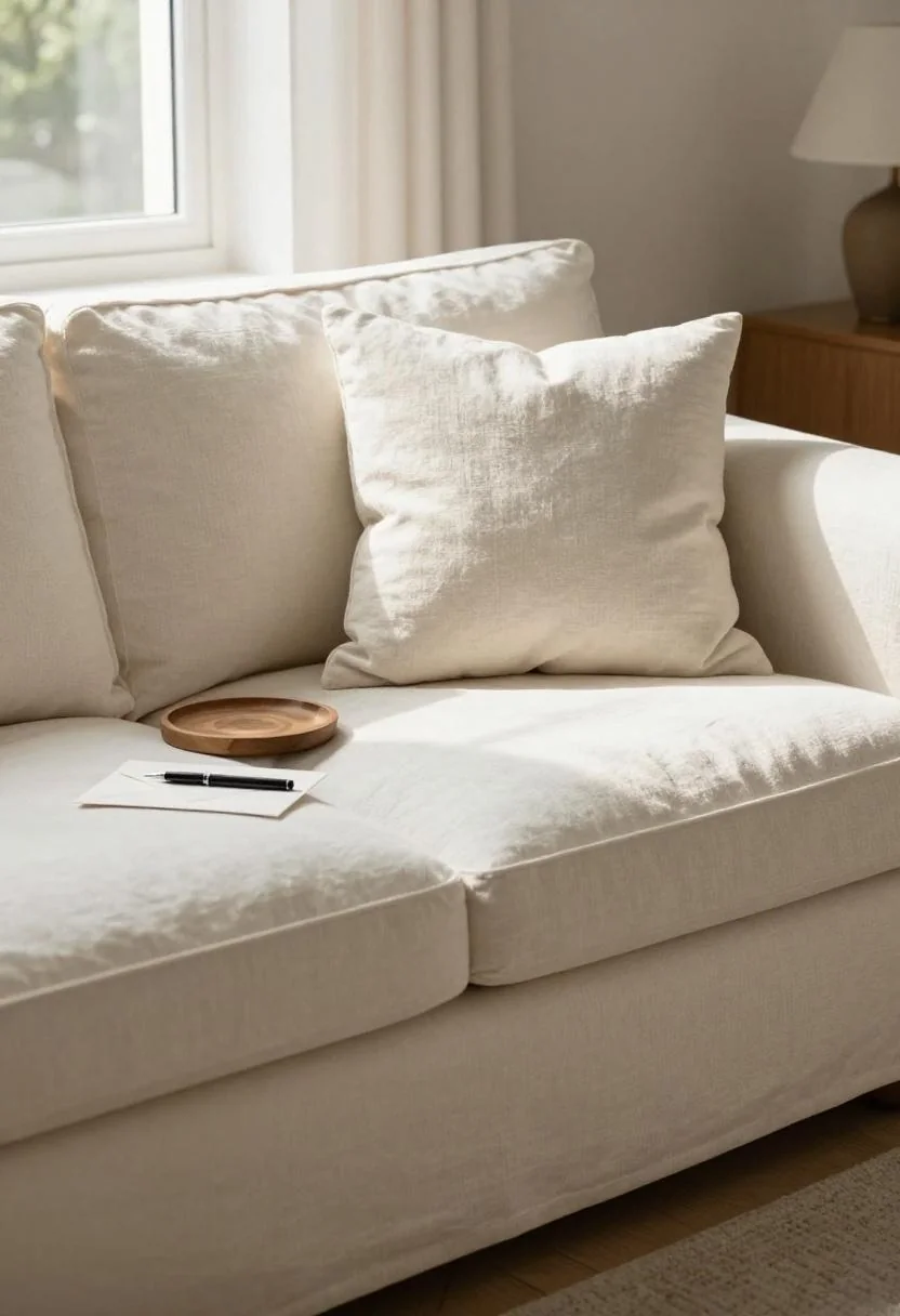 Cream linen sofa with acacia tray holding pen and signing envelope in afternoon light