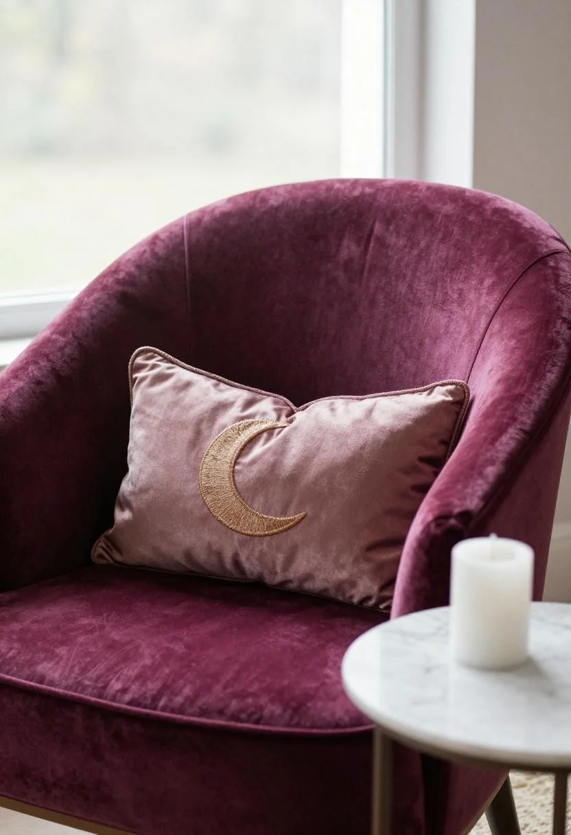 Plum velvet armchair with celestial embroidered cushion beside a marble candle table