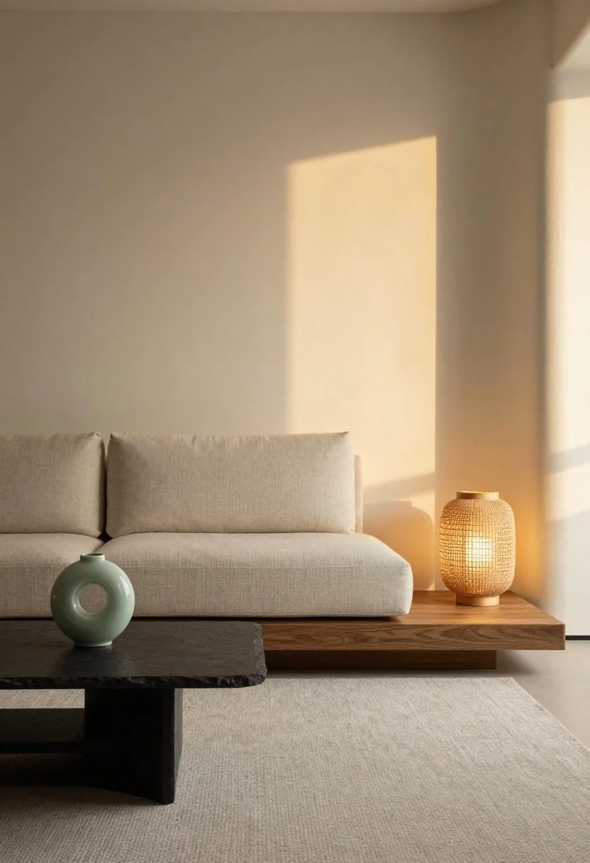Jade green moon-phase ceramic vase on a slate coffee table in a japandi living room