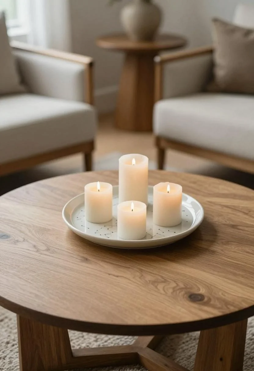 Wasabi ceramic constellation tray with candles on a round oak coffee table, overhead view