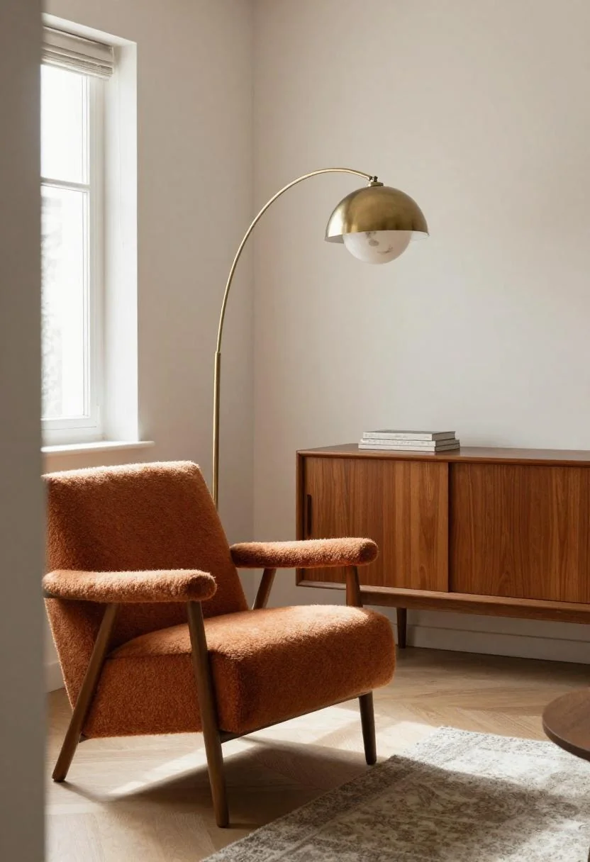 Persimmon wool armchair beneath a brass moon-shade floor lamp in a mid-century living room