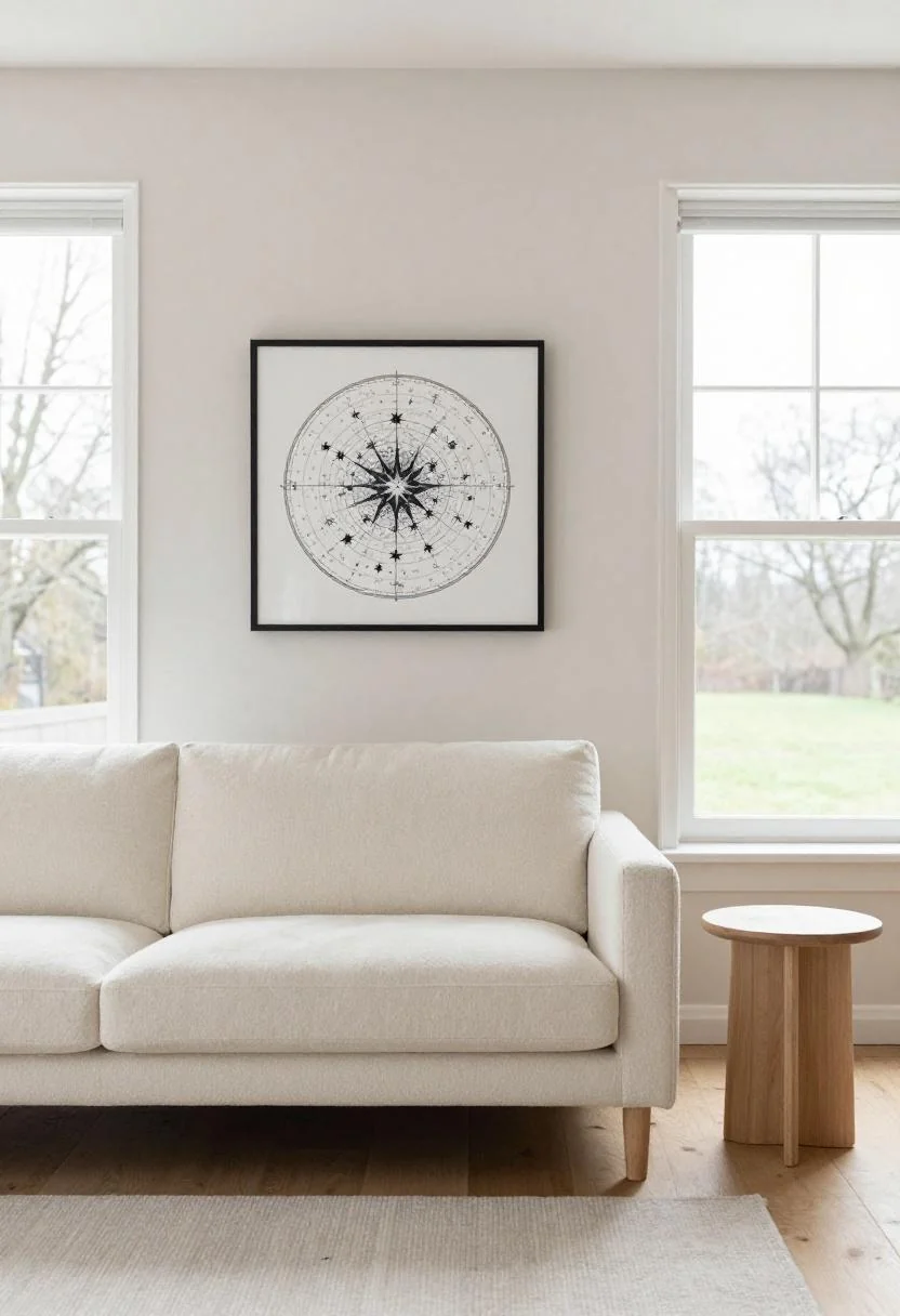 Sage green armchair beside a steel shelf displaying moon-phase ceramic discs in an industrial corner