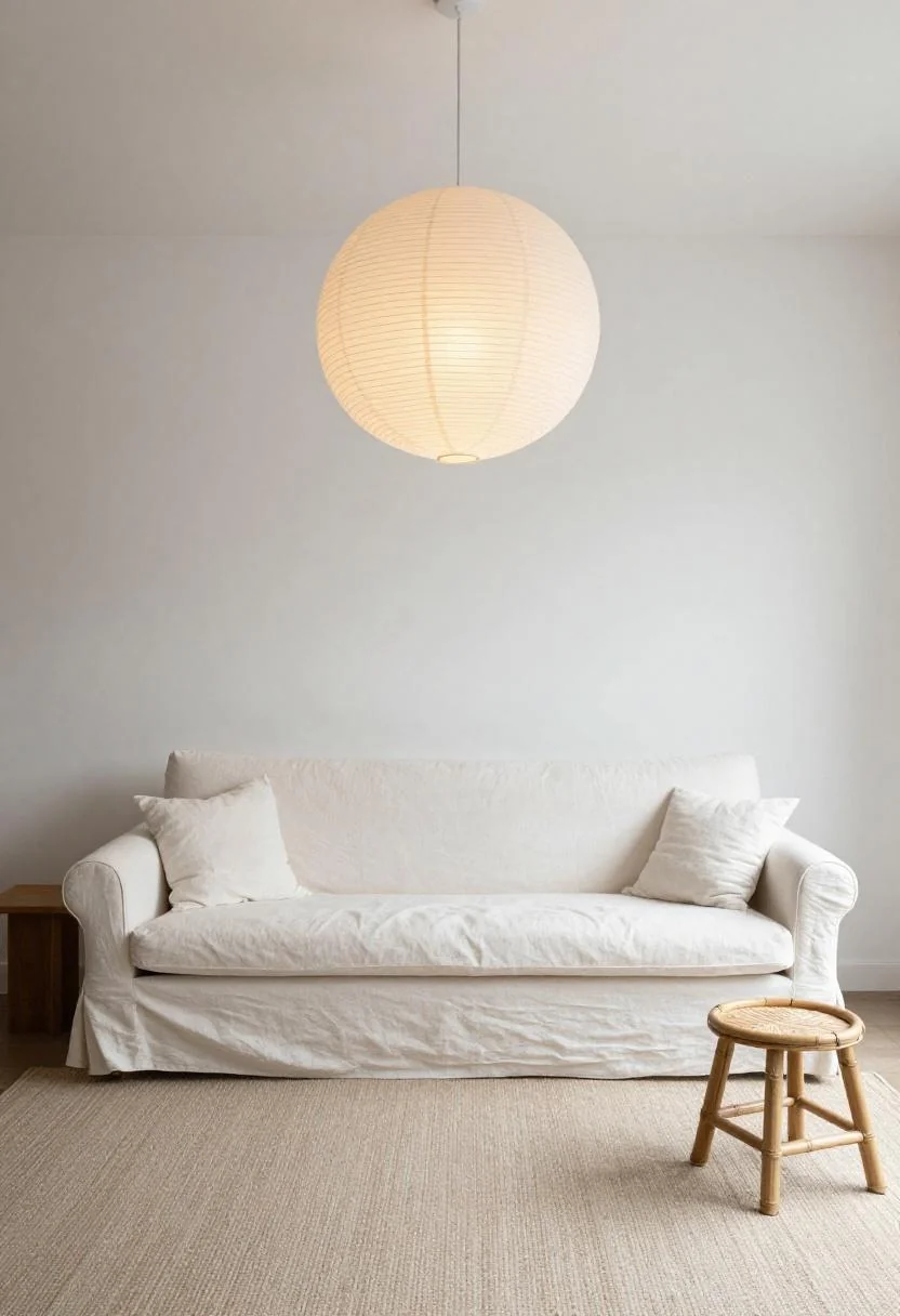 Cream linen sofa beneath a round paper moon lantern in a serene japandi living room