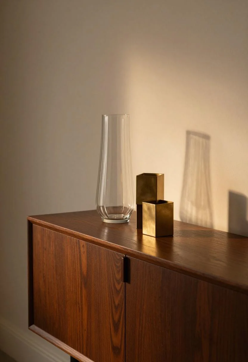 Neo Deco plum noir lacquered console with brass candleholder and fluted glass vase