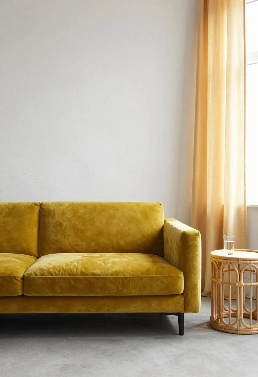 Maximalist living room with a wasabi velvet sofa and warm golden hour light