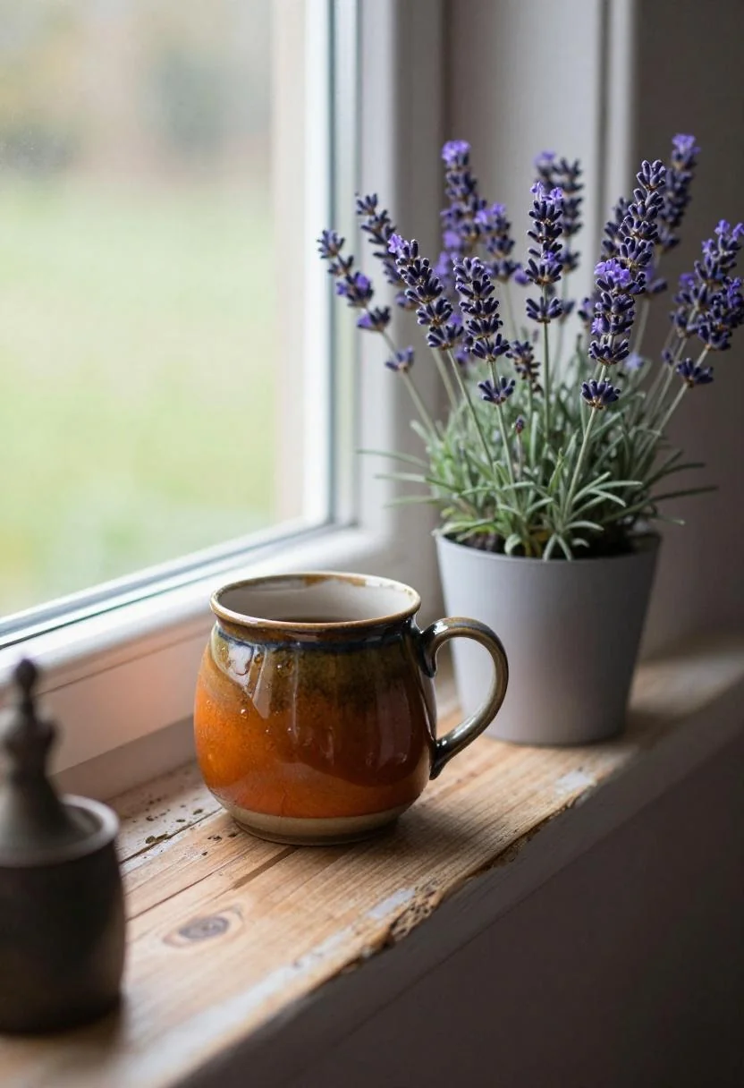 Cottagecore windowsill with persimmon ceramic mug and blooming lavender in morning light
