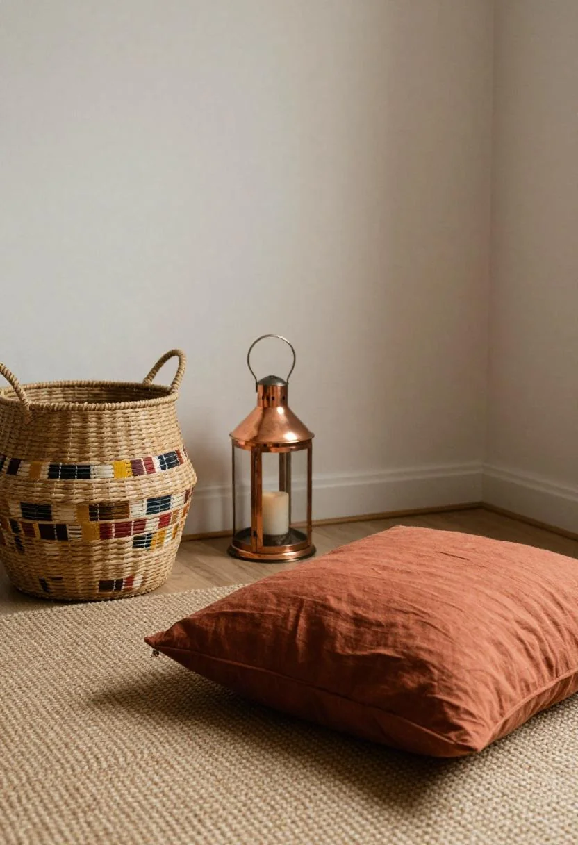 Afrohemian floor corner with terracotta linen cushion, kente basket, and copper lantern