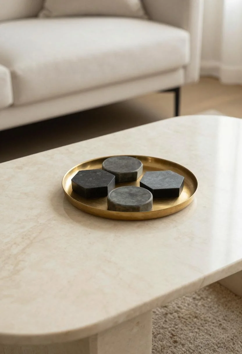 Neo Deco cream white marble coffee table with brass tray and geometric obsidian coasters