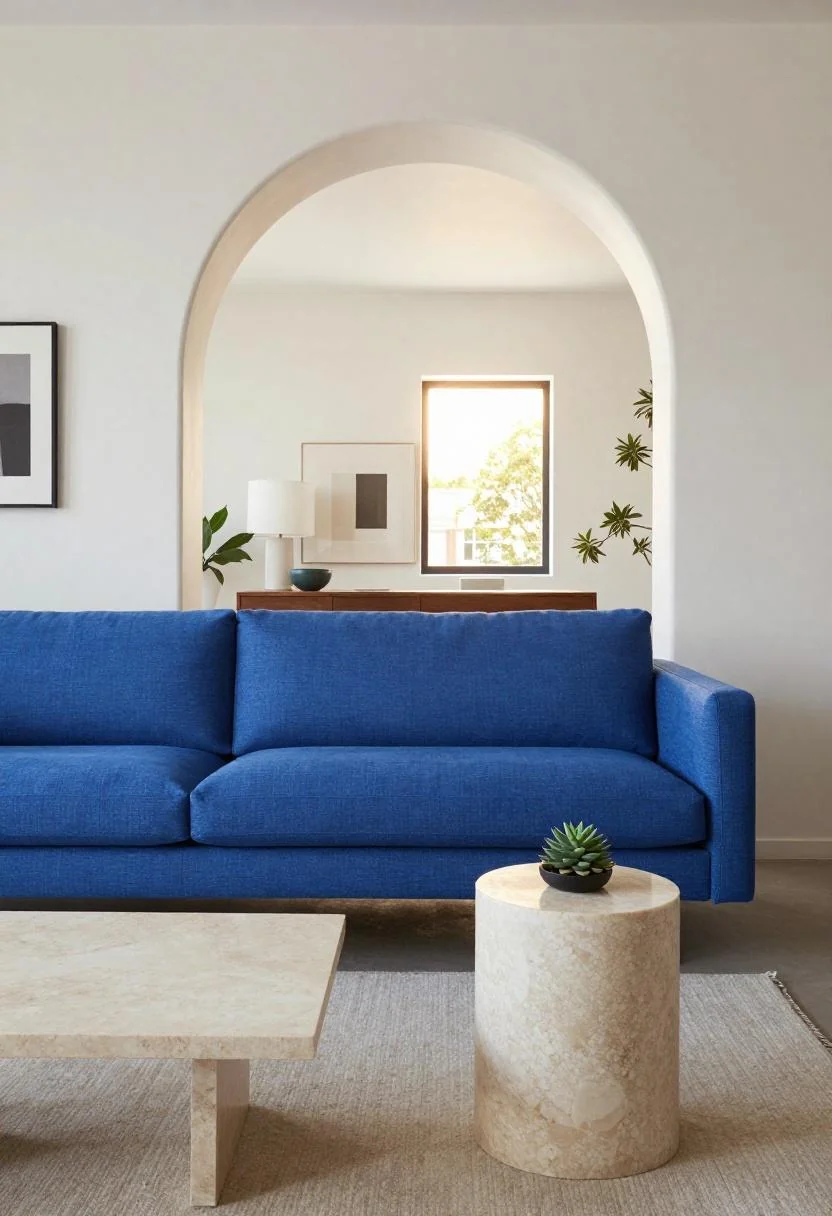 Bold cool blue bouclé sofa beneath a plaster arch with a travertine side table in golden light