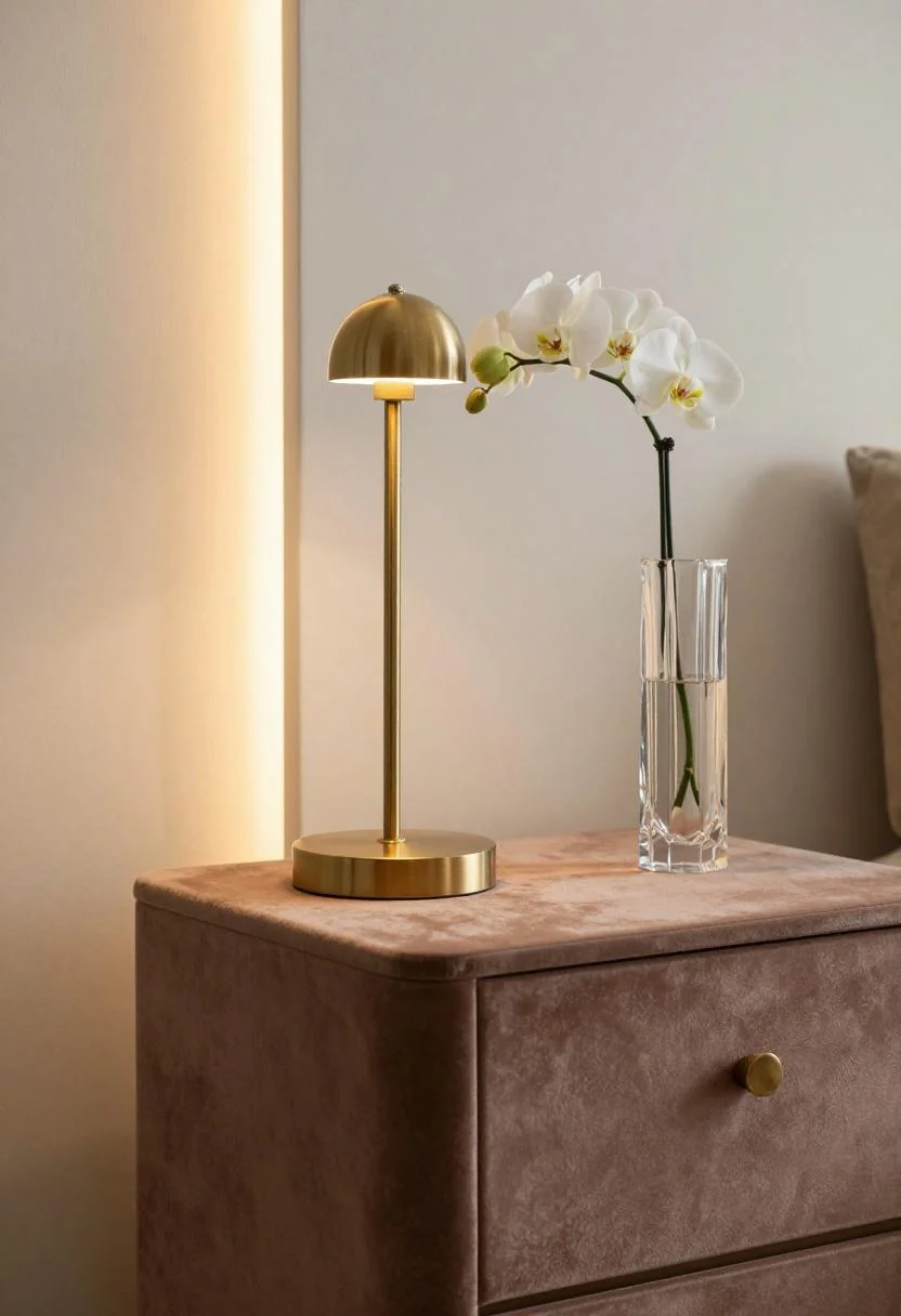 Neo Deco plum noir side table with brass fluted lamp and white orchid in crystal vase