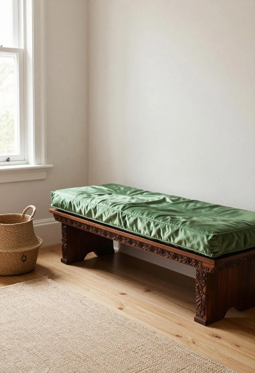 Afrohemian carved mahogany bench with jade green silk cushion and sisal basket