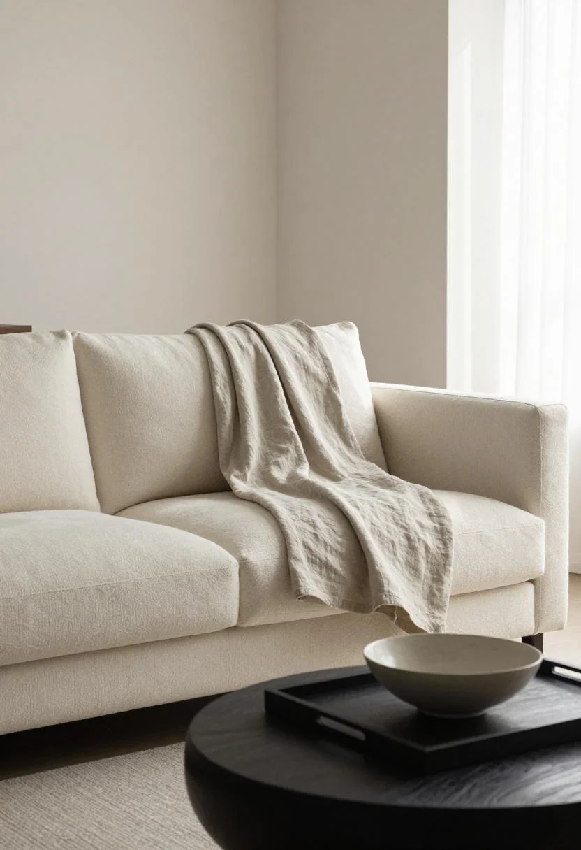 Maximalist-minimal living room with wasabi linen throw on bouclé sofa and walnut tray ottoman