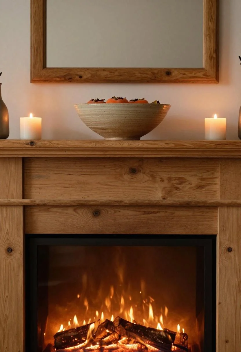 Cottagecore fireplace mantle with persimmon ceramic bowl and beeswax candles on aged pine