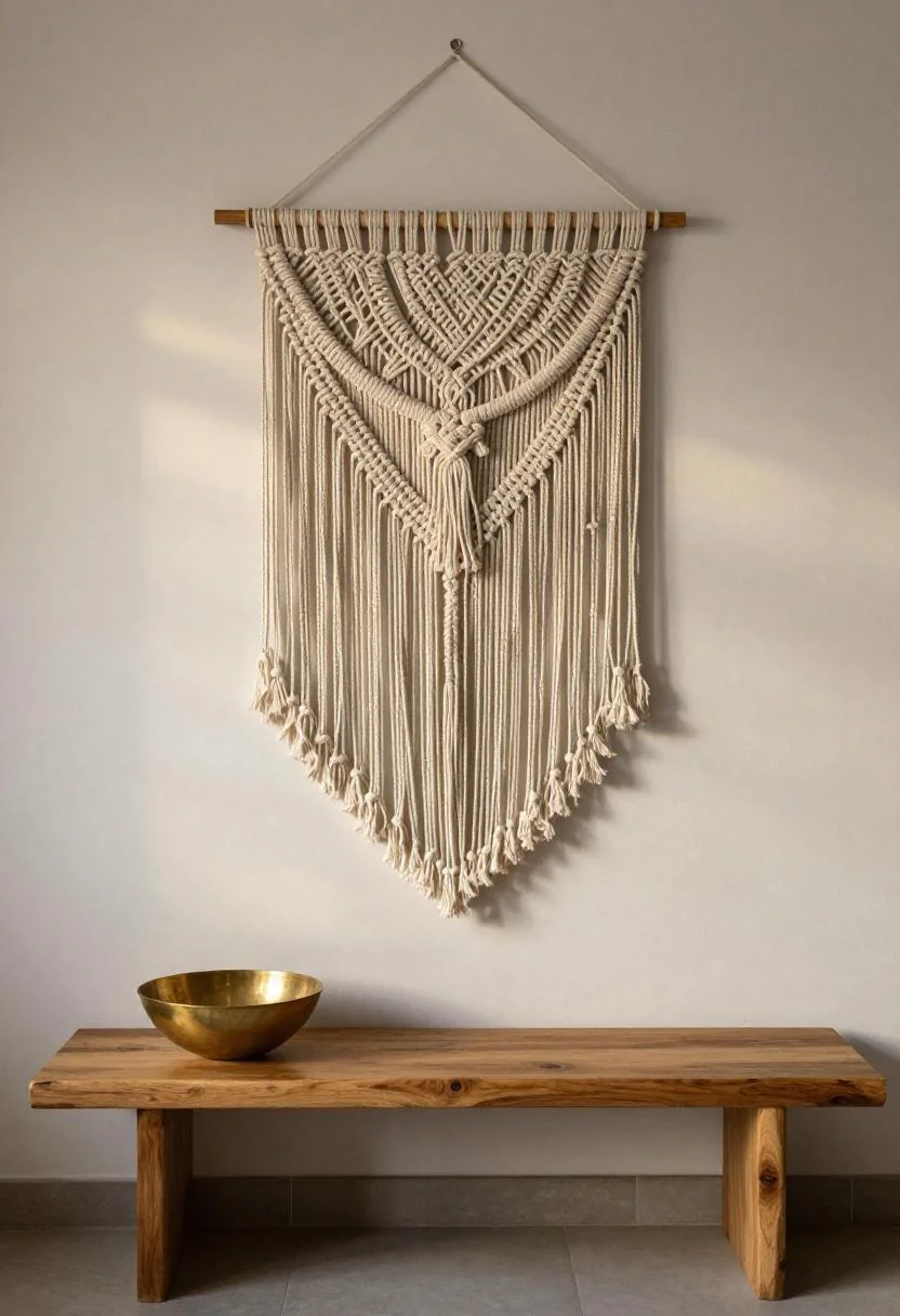 Afrohemian terracotta macramé wall hanging above a teak bench with a brass bowl